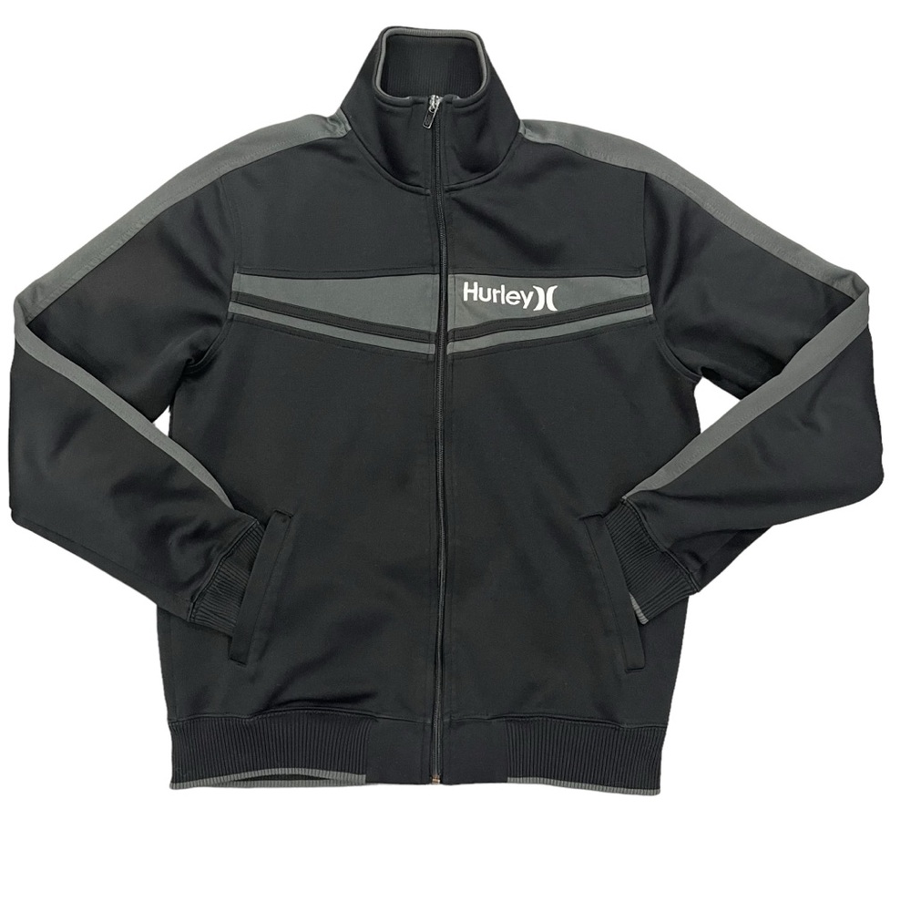 Hurley Men’s Black Gray Stripe Track Jacket Retro Pockets Full Zip Stree…